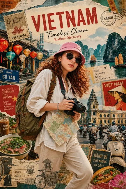 Prompt tạo ảnh đi du lịch Việt Nam phong cách retro